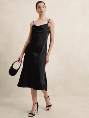 Banana Republic Black Satin Cowl-Neck Midi Slip Dress